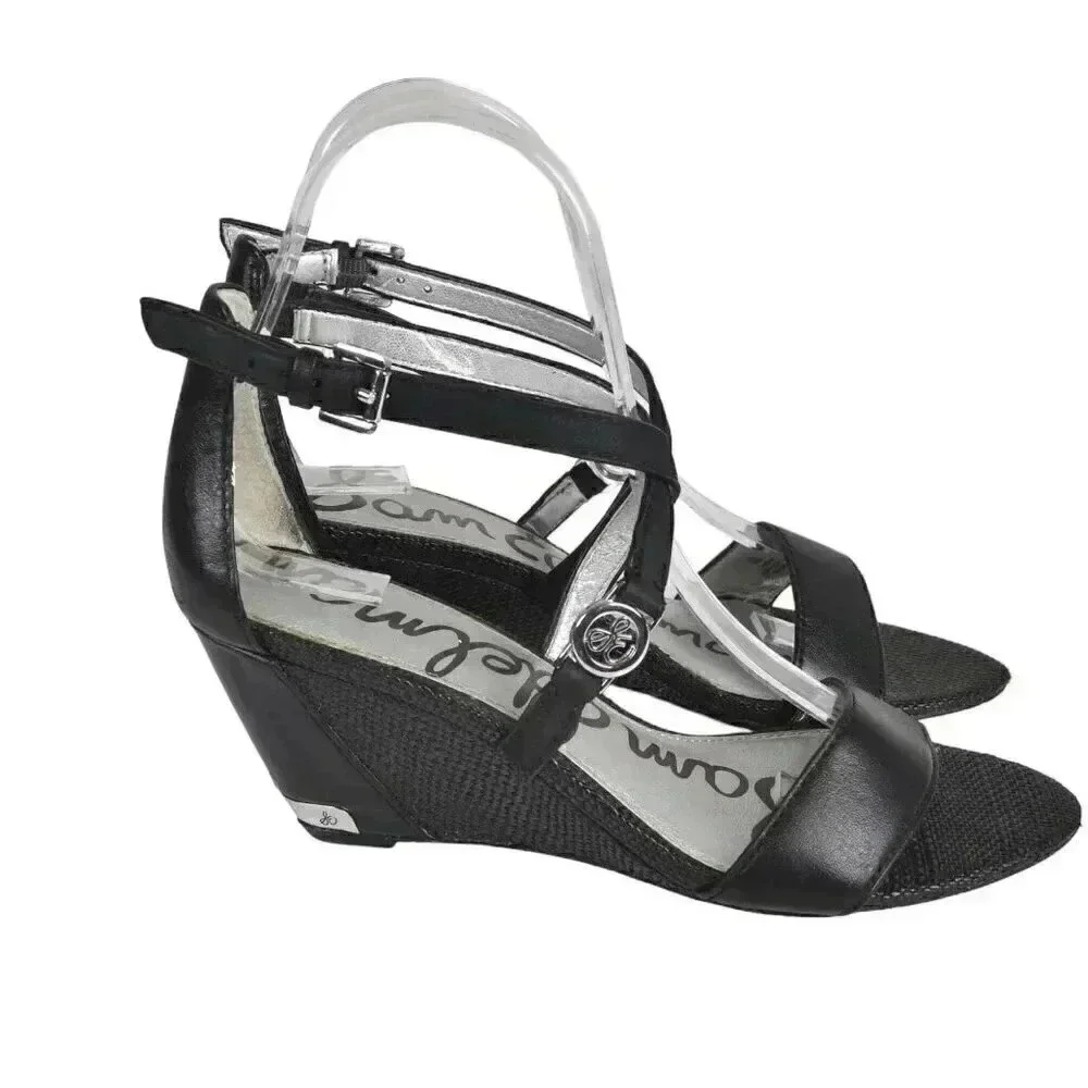 Sam Edelman Leather Wedge Sandal Heel  Black Size 6 - Picture 2 of 14